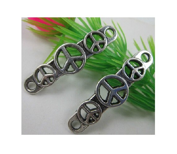 4 PEACE BAR Bracelet Connectors Three Peace Signs Atq Silver Tone 