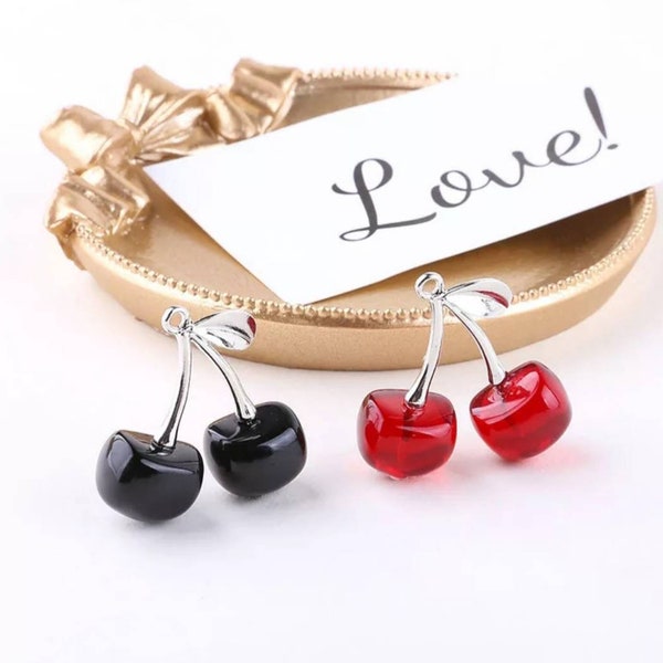 2 Large Black or Red Cherry Pendants 3D Lightweight Acrylic Cherry Charms Fruit Charms Jewelry Supplies 30x28mm