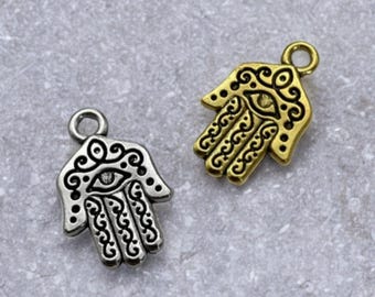 Stunning Hamsa Charms Antique Gold or Silver Hand Charms with Evil Eye Design Protection Charms Jewelry Supplies 21x13mm
