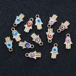 10 Mini Hamsa Charms with Evil Eye Tiny Colorful Evil Eye Charms Gold Hand Charms Protection Charms Jewelry Supplies 15x8mm