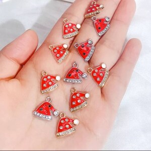 Mini Enamel Santa Claus  Hat Charms Sparkly Crystal Santa Hats Enamel Christmas Charms Silver Gold Santa Hats with Crystal Accents 15x17mm