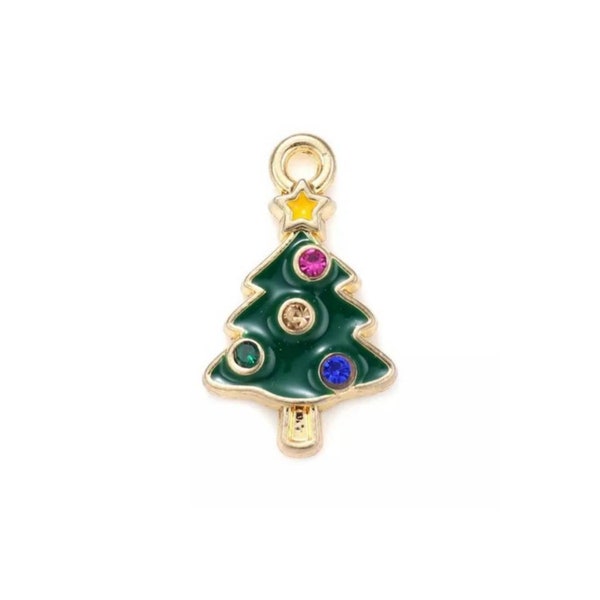 6 Mini Enamel Christmas Tree Charms with Crystal Rhinestone Accents Little Christmas Charms Holiday Jewelry Supplies 19x11mm Very Small