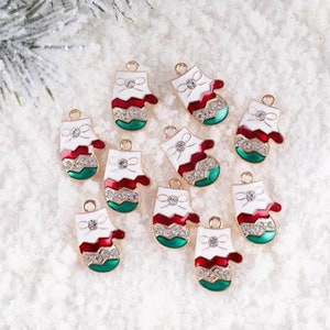 Sparkly Enamel Christmas Charms Cream Enamel Mitten Charms with Crystal Rhinestone Accents Lovely Holiday Charms Jewelry Supplies 13x20mm