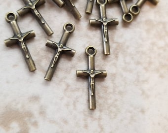 10 Bronze Crucifix Charms Christian Faith Very Small Cross Pendants Religious Catholic Bronze Rosary Parts Jewelry Supplies 18x9 mm