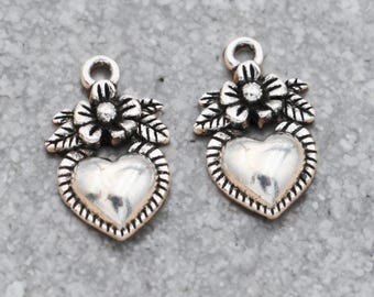6 Milagros Heart Charms Exceptional High Quality Heart with Flower Charms Silver Heart Charms Detailed Dark Contrast Jewelry Supplies 19mm