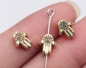 12 Tiny Hand Spacer Beads Antique Gold Hamsa Evil Eye Palm Mini Beads Hands Protection Boho Bracelet Beading Jewelry Supplies 9mm