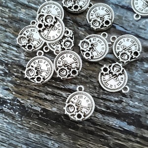 Small Clock Face Charms with Gears Silver with Dark Contrast Watch Steampunk Bracelet Jewelry Supplies 16x13mm