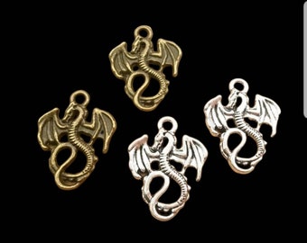 Dragon Charms Small Dragon Pendants Fantasy Charms Viking Creatures Atq Silver or Bronze Tone Jewelry Supplies 22x16mm