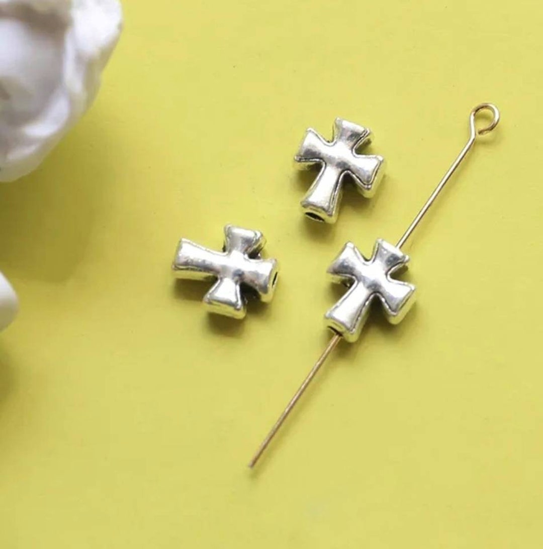 12 Little Silver Cross Spacer Beads Small Cross Beads Rosary Parts