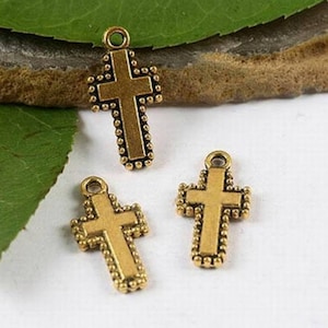10 Little Cross Charms Simple Antique Gold Double Sided Crosses Religious Pendants Rosary Parts Jewelry Supplies 10x20mm