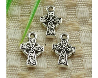 Mini Celtic Cross Charms, Tiny Crosses Atq Silver or Atq Gold with Varying Amounts of Dark Contrast Religious Jewelry Supplies 15x9mm