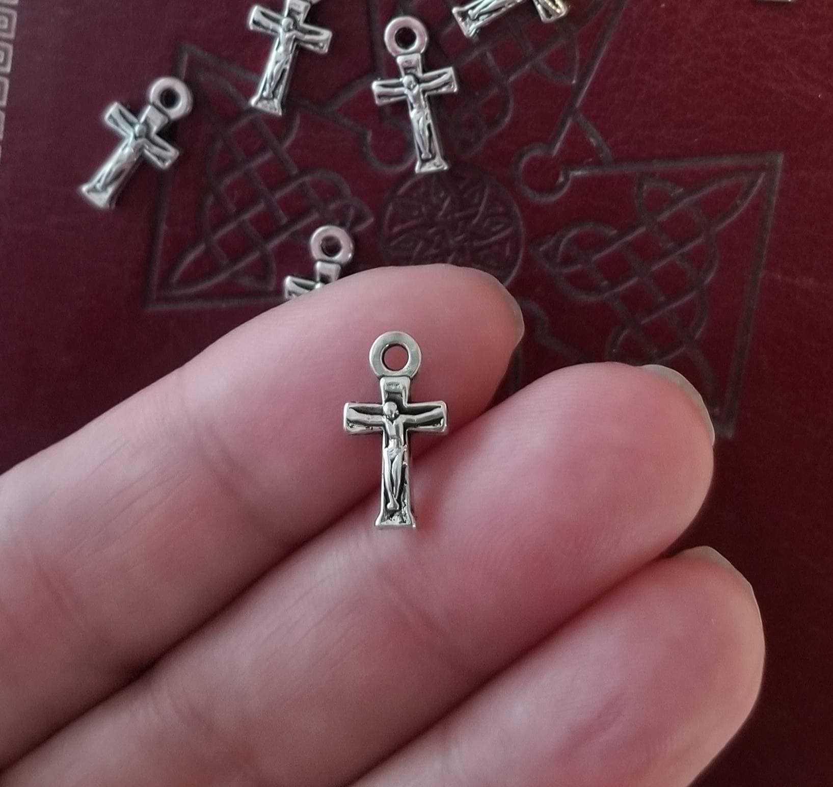 12 Mini Crucifix Charms Christian Faith Very Small Cross Pendants Religious Catholic Rosary Parts Jewelry Supplies 18x9 mm