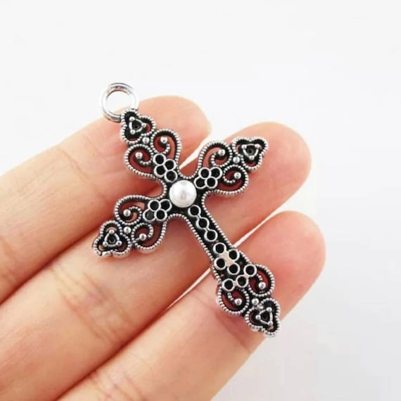 2 Large Cross Charms with Faux Pearl Accent Filigree Cross Pendants  Religious Pendants Rosary Parts Jewelry Supplies 50x34.5mm
