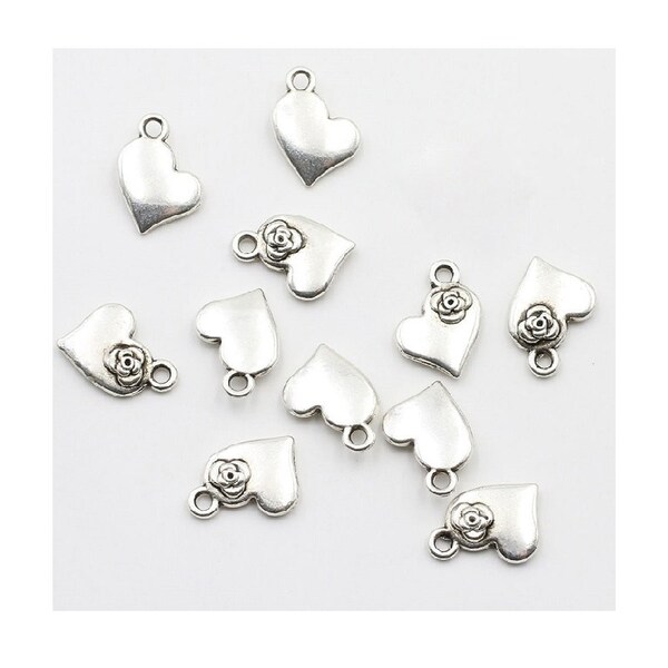 10 Heart Charms with a Corner Flower Accent Small Lovely Hearts Atq Silver Tone Valentine Love Charm Jewelry Supplies 11x14mm