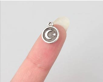 10 Mini Moon and Star Charms Tiny Circle Charms with Moon Double Sided Celestial Charms Jewelry Supplies Findings 10x12mm