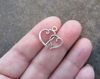 10 DOUBLE HEART Charms Intertwined Two Hearts Silver Tone Love Wedding Shower Anniversary Charm Jewelry Supplies Read Details 20x19 mm