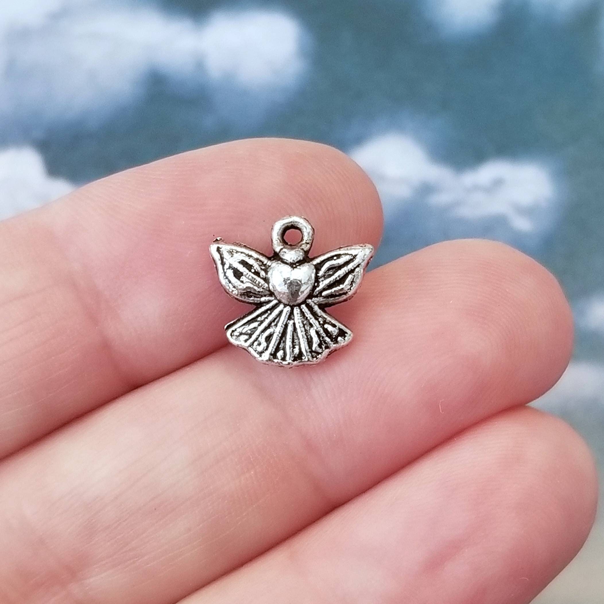Tiny Angel Charms Mini Rustic Antique Silver Heart Angels