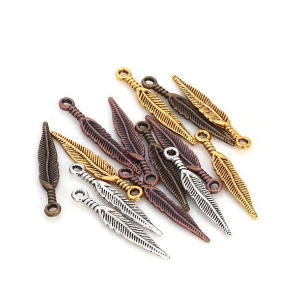 FEATHER Charms Long Thin Simple Gold, Silver, Bronze or Copper Jewelry Supplies 28x5mm