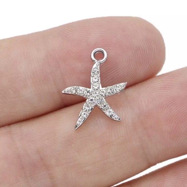 Small Crystal Starfish Charms Sparkly Beach Charms Silver Starfish with Rhinestone Crystals Beach Jewelry Supplies 18x14mm