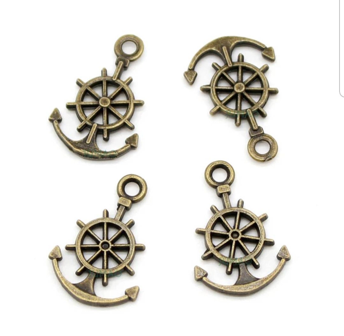 10 Small Anchor With Ship's Wheel Charms Bronze Nautical Etsy
