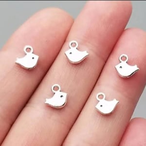 14 Teeny Tiny Bird Charms Silver Sweet Mini Bird Charms Double Sided Birds Jewelry Supplies 8x8mm Chain Extension Drops