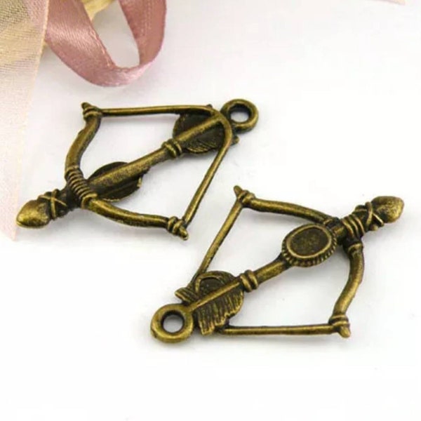 6 Bow and Arrow Large Charms Pendants Bronze Archery Jewelry Supplies 23x33 mm