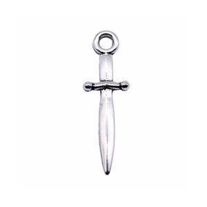 May include: Silver-toned metal sword charm with a loop at the top for attaching to jewelry or other crafts.