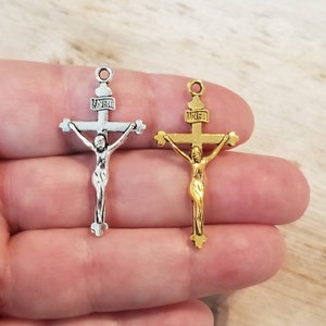 Crucifix Pendants Antique Gold or Silver Large Crucifix Charms Religious Jewelry Supplies Rosary Parts 37x19mm