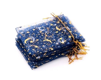 10 Organza Gift Bags Darkish Blue* Night Sky Moon and Stars Jewelry Tarot Crystal Sachet Wedding  READ DETAILS  2 Sizes