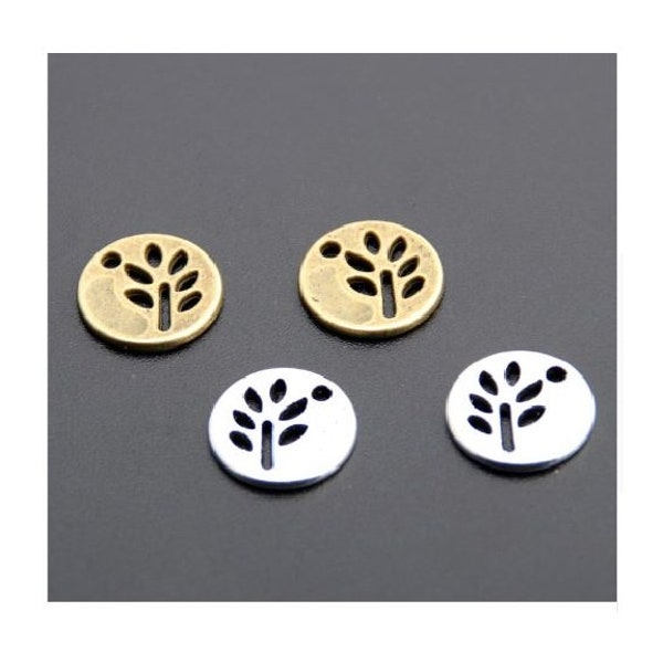 Little Leaf Charms Circle with Cut Out Tree Design Mini Jewelry Supplies Nature Silver Bronze Jewelry Supplies 12mm