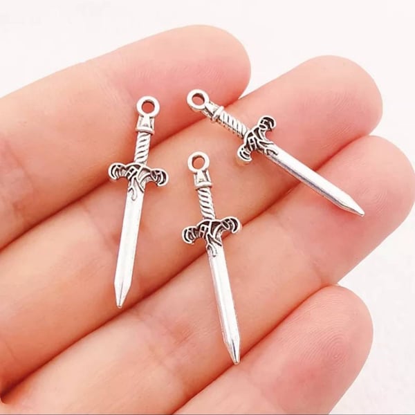 Silver Sword Charms Long Double Sided Sword Charms Medieval Weapon Charms Jewelry Supplies 34x10mm