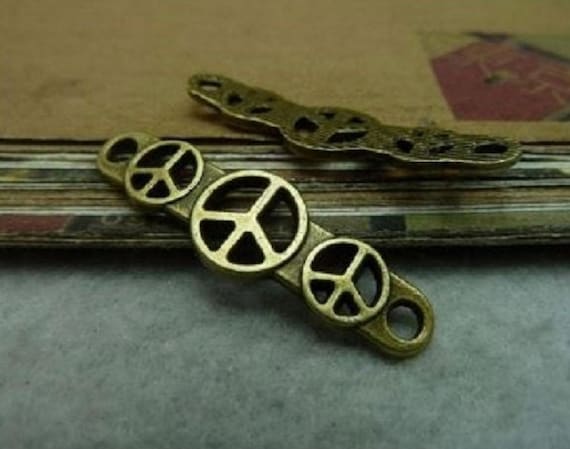 4 PEACE BAR Bracelet Connectors Three Peace Signs Bronze Tone 