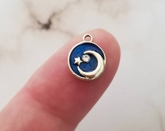 Tiny Celestial Charms Blue Enamel Moon and Star Charms with Crystal Accent Light Gold Base Moon Charms Jewelry Supplies 10x12mm
