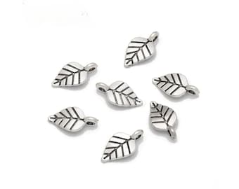 12 Mini Leaf Charms Double Sided Little Silver Leaf Charms Fall Leaves Jewelry Supplies 14x8mm