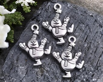 6 Snowman Charms Large Happy Dancing Snowmen Pendants Winter Christmas Light Silver Jewelry Supplies 30x20mm