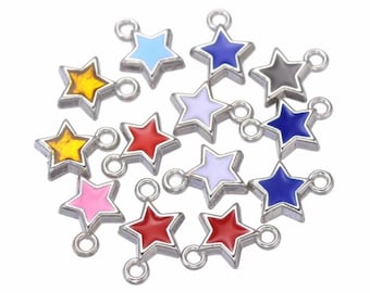 Tiny Enamel Star Charms Colorful Enameled Stars Bright Silver Mini Celestial Jewelry Supplies 8x7mm