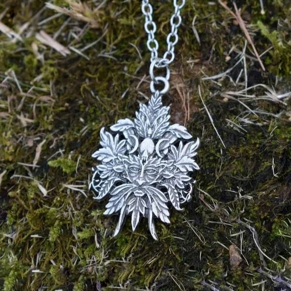 Stunning Green Man of the Forest Pendant Highly Detailed Triple Moon Green Man Pendant on Chain Nature Wicca Jewelry Supplies