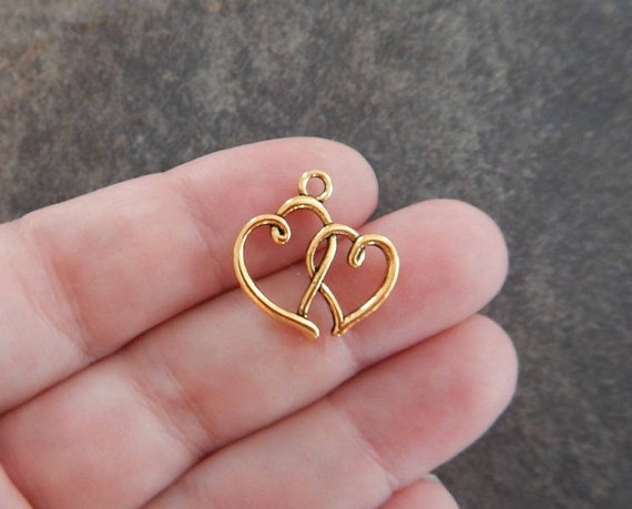 10 Double Heart Charms 2 Hearts Pendants Antiqued Silver Love Findings