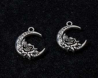 Small Rose Moon Charms Little Crescent Moon Charms with Rose Design Celestial Jewelry Supplies 16x20mm