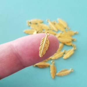 Tiny Gold Feather Charms Mini Feather Charms Lovely Double Sided Delicate Looking Feather Jewelry Supplies 15x5mm