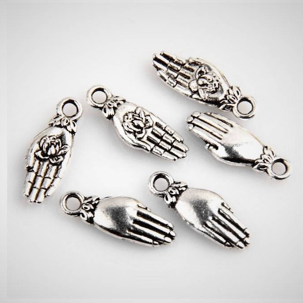 Milagros Hand Charms Holding Lotus Flower Rebirth Renewal Symbol Luck Protection Healing Jewelry Supplies Small 18x7mm
