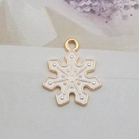 Enamel Snowflake Charms Winter White Enameled Snowflakes Christmas Charms Holiday Jewelry Supplies 21x17mm