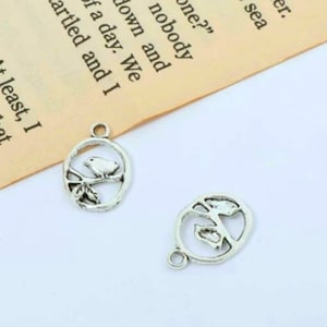May include: Two silver-toned metal charms in the shape of a circle with a bird perched on a branch inside.