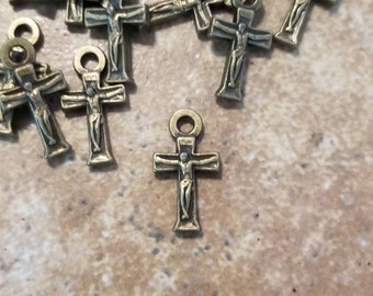 12 Tiny Crucifix Charms Bronze Mini Catholic Cross Charms Rosary Parts Small Detailed Religious Medals Jewelry Supplies 15x9mm