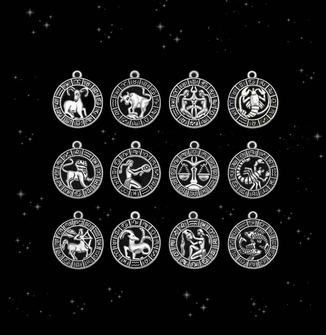 2 Zodiac Charms or Complete Set of Constellation Charms Antique Silver