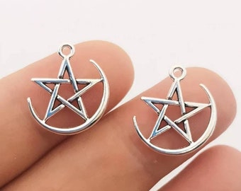 Pentagram on Crescent Moon Charms Double  Sided Silver Star Pendants Spiritual Jewelry Supplies 19x17mm
