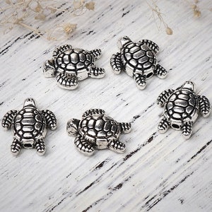 May include: Five silver turtle charms with detailed shell designs. The charms are small and perfect for adding a touch of whimsy to jewelry or crafts.