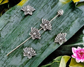 12 Lotus Flower Spacer Beads, Boho Beads, Double Sided Atq Silver Tone Serene Yoga Rebirth Beading Jewelry Supplies 13x9x3mm