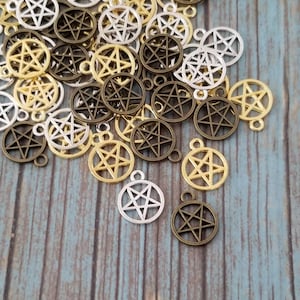 Small Pentacle Charms Little Pentagram Charms Silver Bronze or Gold Mini Pentacles Familiar Charms Wicca Jewelry Supplies 16x13mm