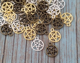Small Pentacle Charms Little Pentagram Charms Silver Bronze or Gold Mini Pentacles Familiar Charms Wicca Jewelry Supplies 16x13mm